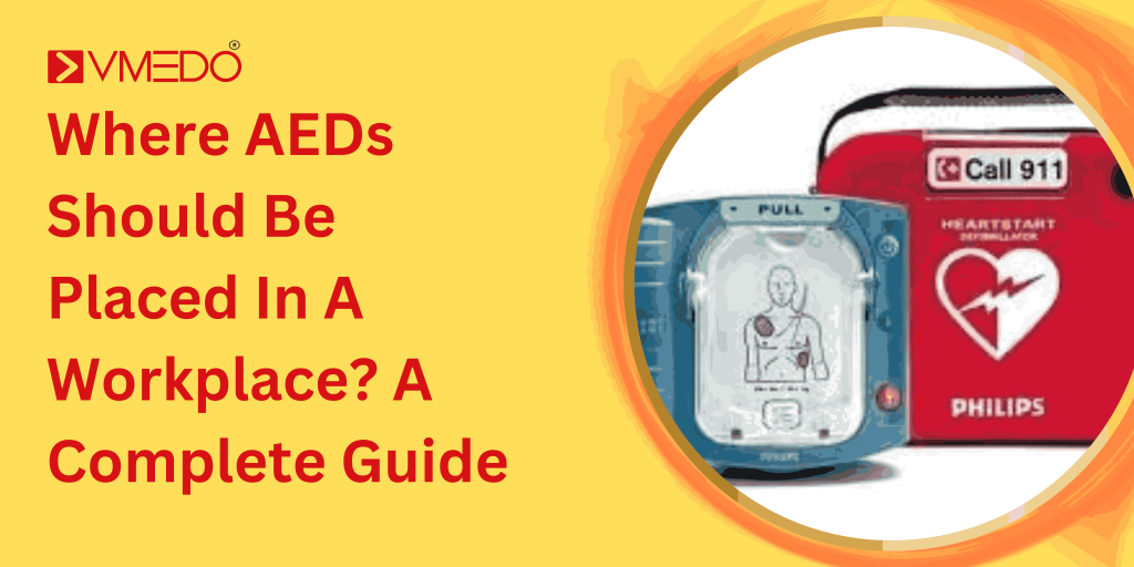 AED placed in a visible workplace location for quick access during cardiac emergency