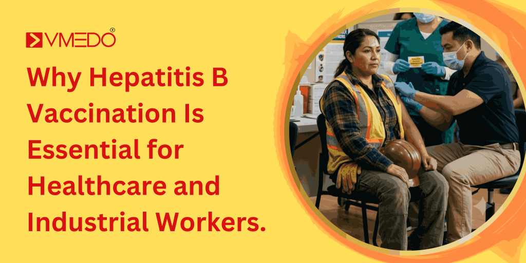 Healthcare professional administering a Hepatitis B vaccine to an industrial worker during a corporate onsite vaccination drive.